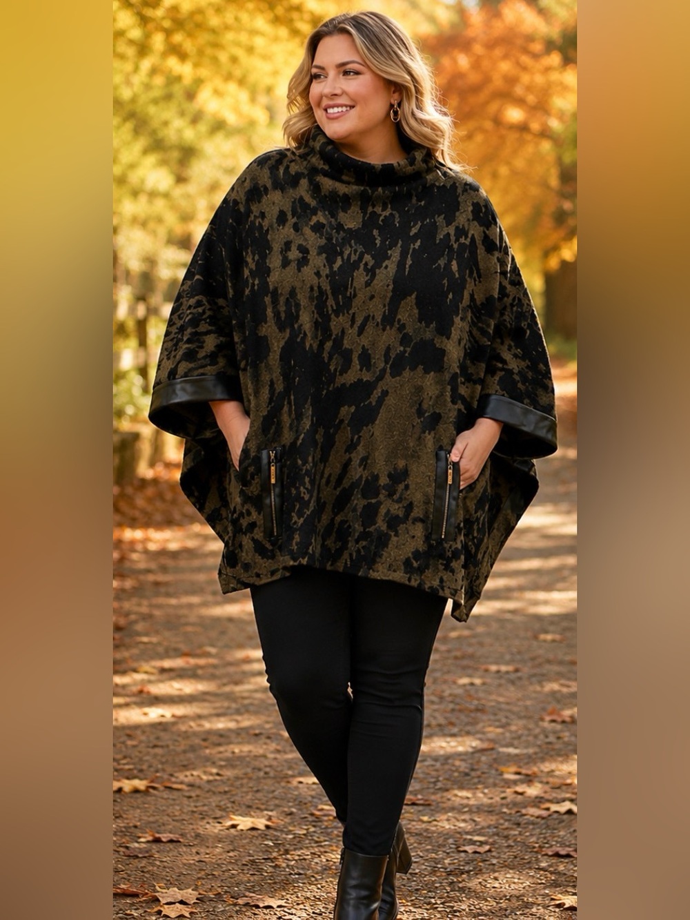 Joseph Ribkoff Oversized Knit Poncho | XXXL | Animal Print Cowl Neck